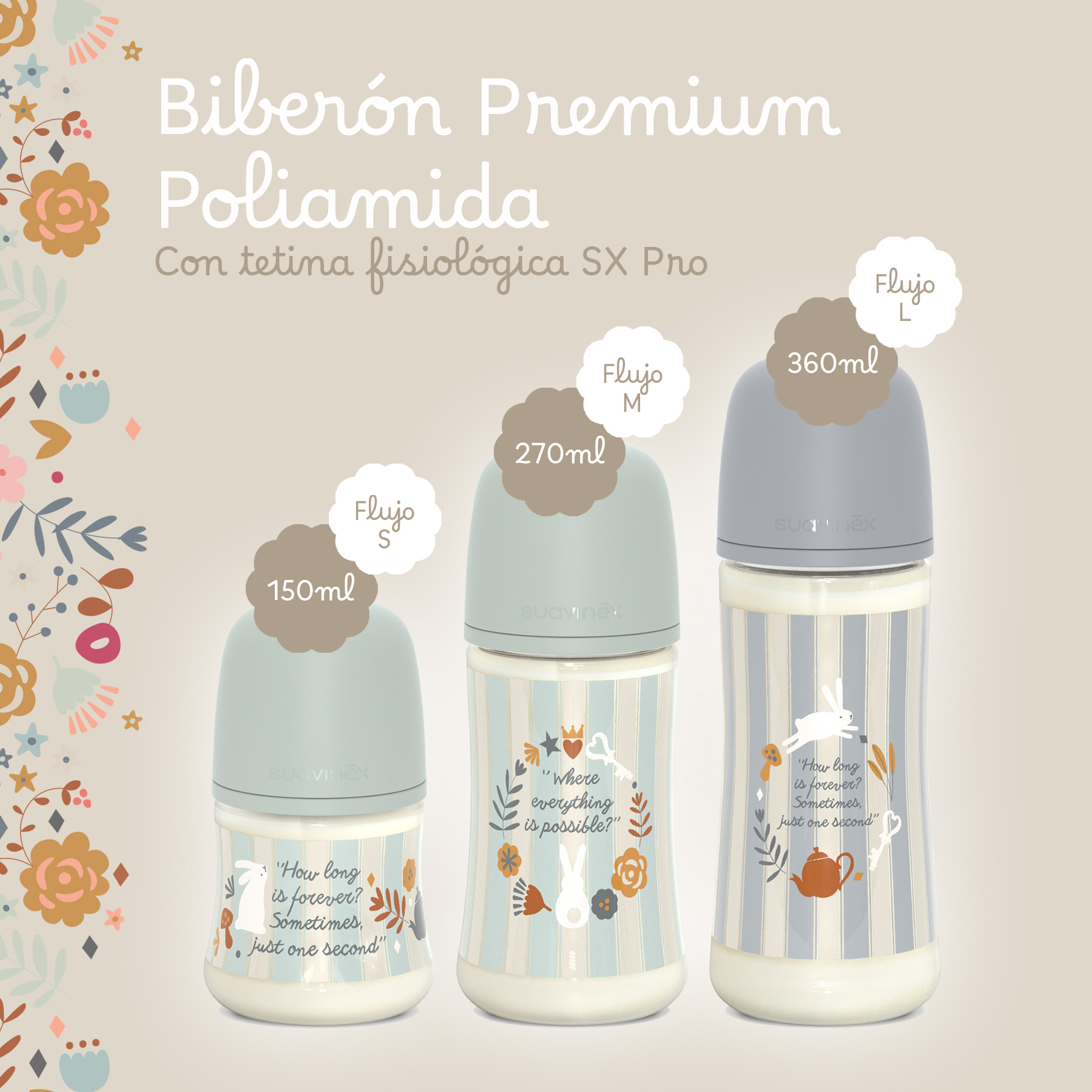 BIBERÓN Poliamida 270ML WONDERLAND FRASE BEIGE