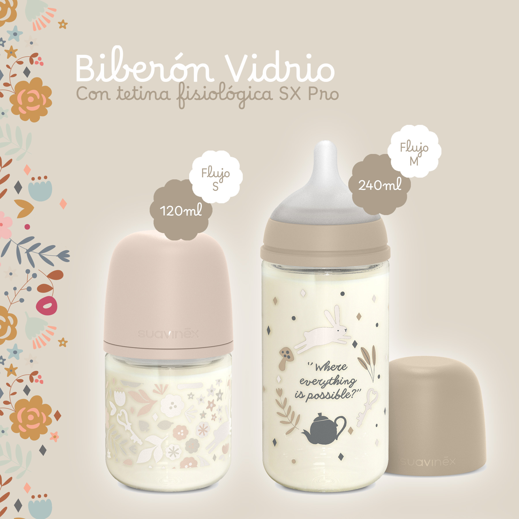 BIBERÓN VIDRIO 120ML WONDERLAND AZUL